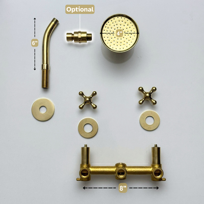 Unlacquered Brass Shower System with Adjustable Round Rain Shower Head, Short Arm and Cross Handles
