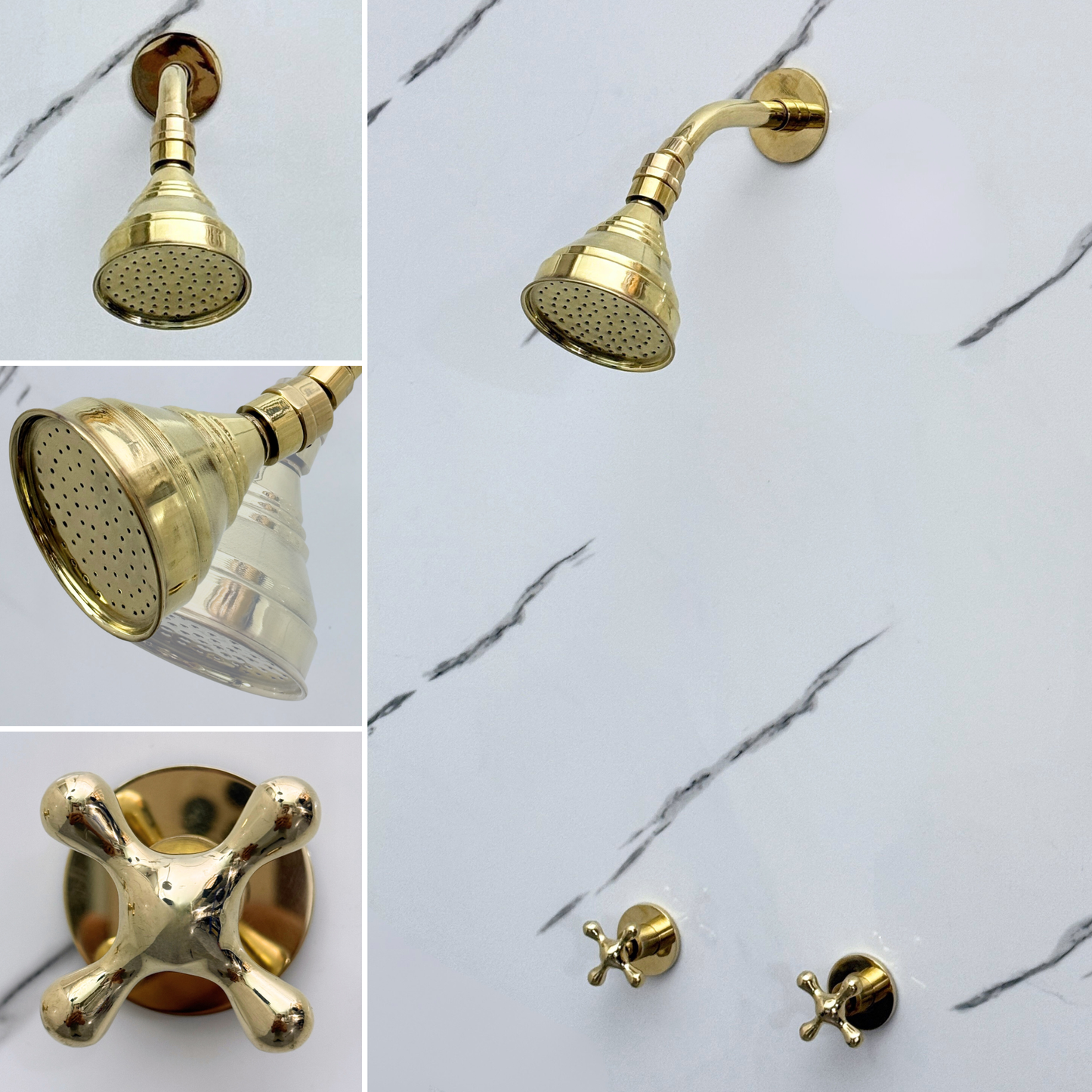 Unlacquered Brass Shower System with Adjustable Round Rain Shower Head, Short Arm and Cross Handles