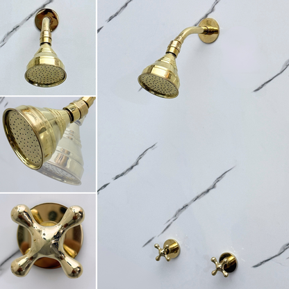 Unlacquered Brass Shower System with Adjustable Round Rain Shower Head, Short Arm and Cross Handles