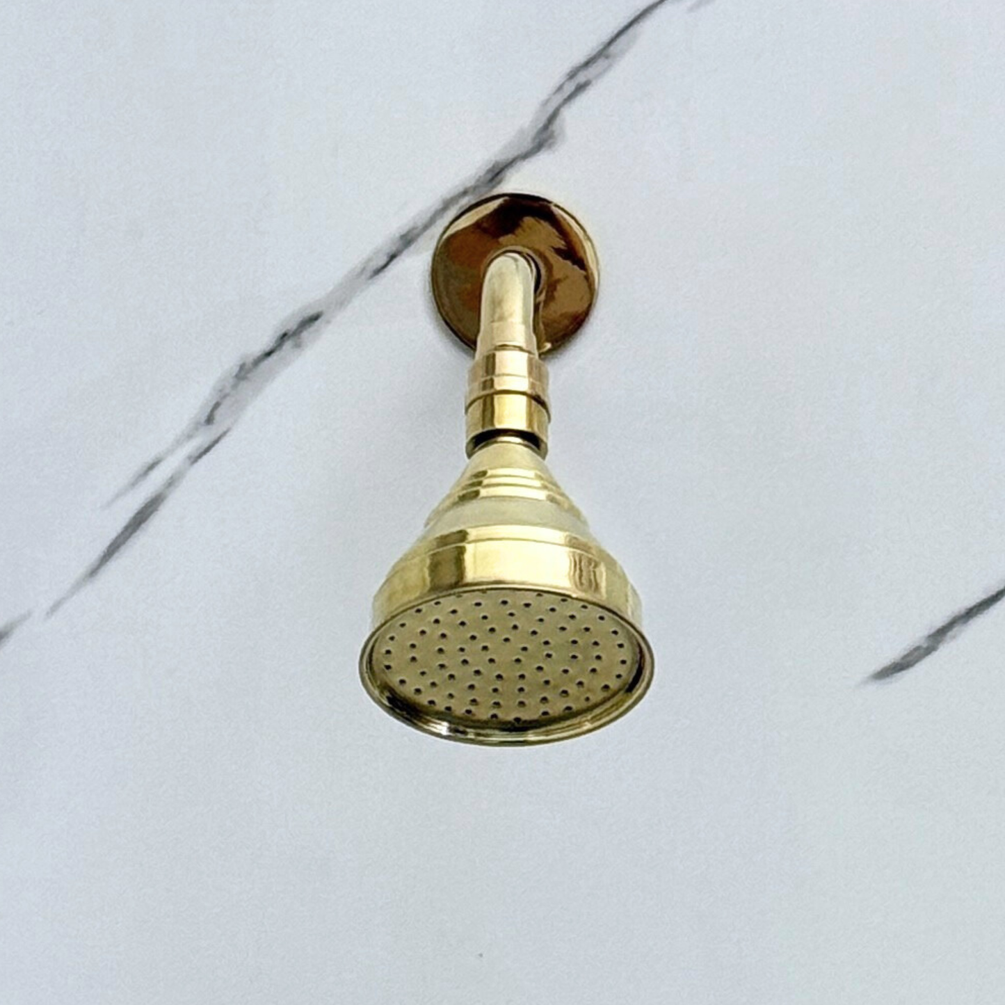 Unlacquered Brass Shower System with Adjustable Round Rain Shower Head, Short Arm and Cross Handles