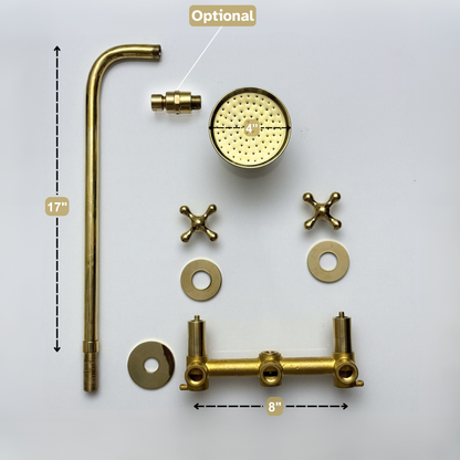 Unlacquered Brass Shower System with Adjustable Round Rain Shower Head, Straight Arm and Cross Handles