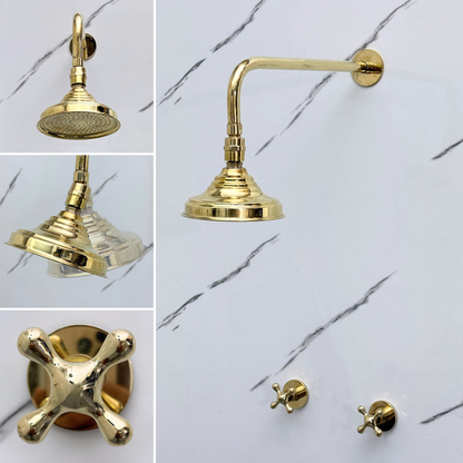 Unlacquered Brass Shower System with Adjustable Round Rain Shower Head, Cross Handles and Straight Arm