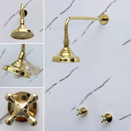 Unlacquered Brass Shower System with Adjustable Round Rain Shower Head, Cross Handles and Straight Arm
