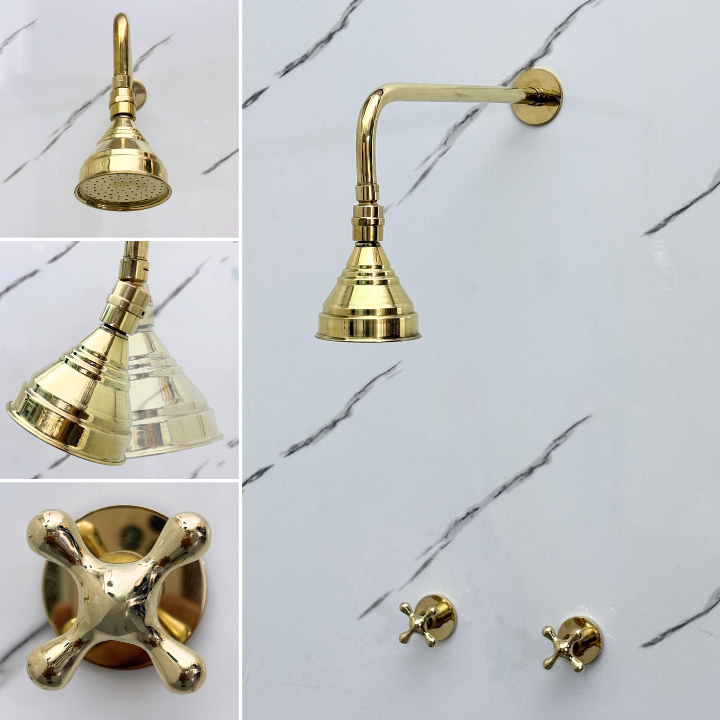 Unlacquered Brass Shower System with Adjustable Round Rain Shower Head, Straight Arm and Cross Handles