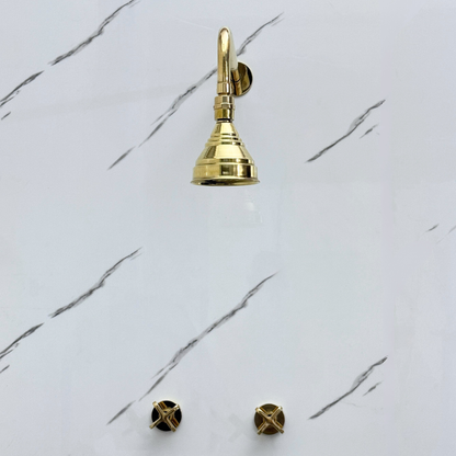 Unlacquered Brass Shower System with Adjustable Round Rain Shower Head, Straight Arm and Cross Handles