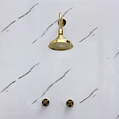 Unlacquered Brass Shower System with Adjustable Round Rain Shower Head, Cross Handles and Straight Arm