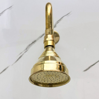 Unlacquered Brass Shower System with Adjustable Round Rain Shower Head, Straight Arm and Cross Handles