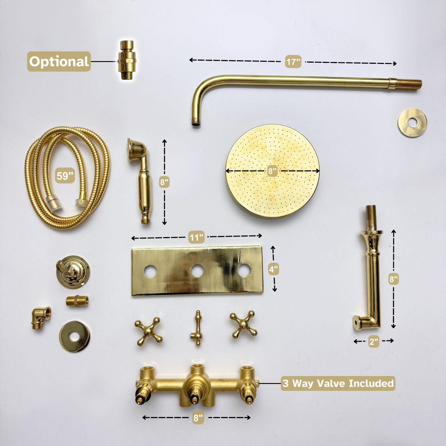 Unlacquered Brass Shower System with Flat Adjustable Round Rain Shower Head, Handheld Shower Head, Central Brass Plaque, Tub Filler and Cross Handles