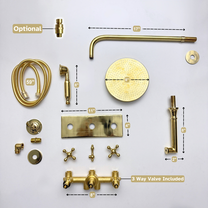 Unlacquered Brass Shower System with Flat Adjustable Round Rain Shower Head, Handheld Shower Head, Central Brass Plaque, Tub Filler and Cross Handles