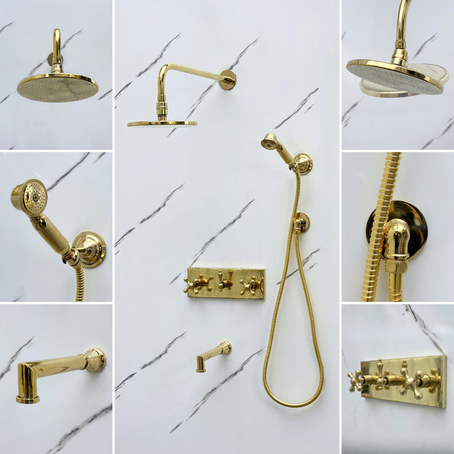Unlacquered Brass Shower System with Flat Adjustable Round Rain Shower Head, Handheld Shower Head, Central Brass Plaque, Tub Filler and Cross Handles