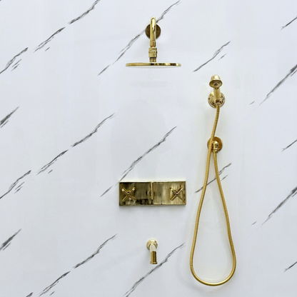 Unlacquered Brass Shower System with Flat Adjustable Round Rain Shower Head, Handheld Shower Head, Central Brass Plaque, Tub Filler and Cross Handles