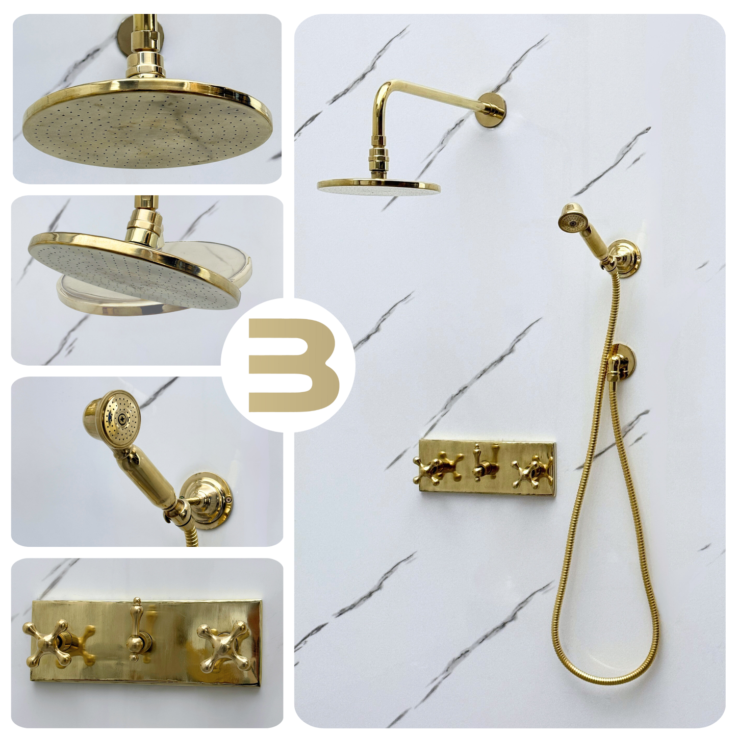 Unlacquered Brass Shower System with Flat Round Rain, Adjustable Shower Head, Handheld Shower Head, Central Brass Plaque and Cross Handles