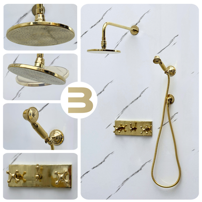 Unlacquered Brass Shower System with Flat Round Rain, Adjustable Shower Head, Handheld Shower Head, Central Brass Plaque and Cross Handles