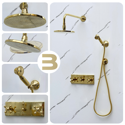 Unlacquered Brass Shower System with Flat Round Rain, Adjustable Shower Head, Handheld Shower Head, Central Brass Plaque and Cross Handles