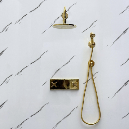 Unlacquered Brass Shower System with Flat Round Rain, Adjustable Shower Head, Handheld Shower Head, Central Brass Plaque and Cross Handles