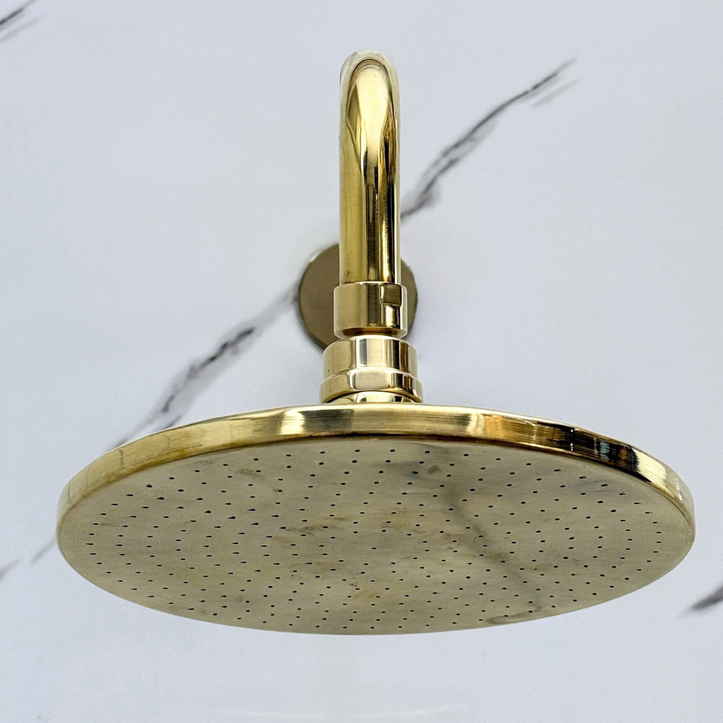Unlacquered Brass Shower System with Flat Round Rain, Adjustable Shower Head, Handheld Shower Head, Central Brass Plaque and Cross Handles