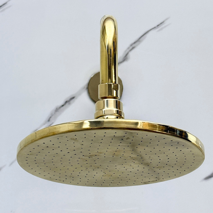 Unlacquered Brass Shower System with Flat Round Rain, Adjustable Shower Head, Handheld Shower Head, Central Brass Plaque and Cross Handles