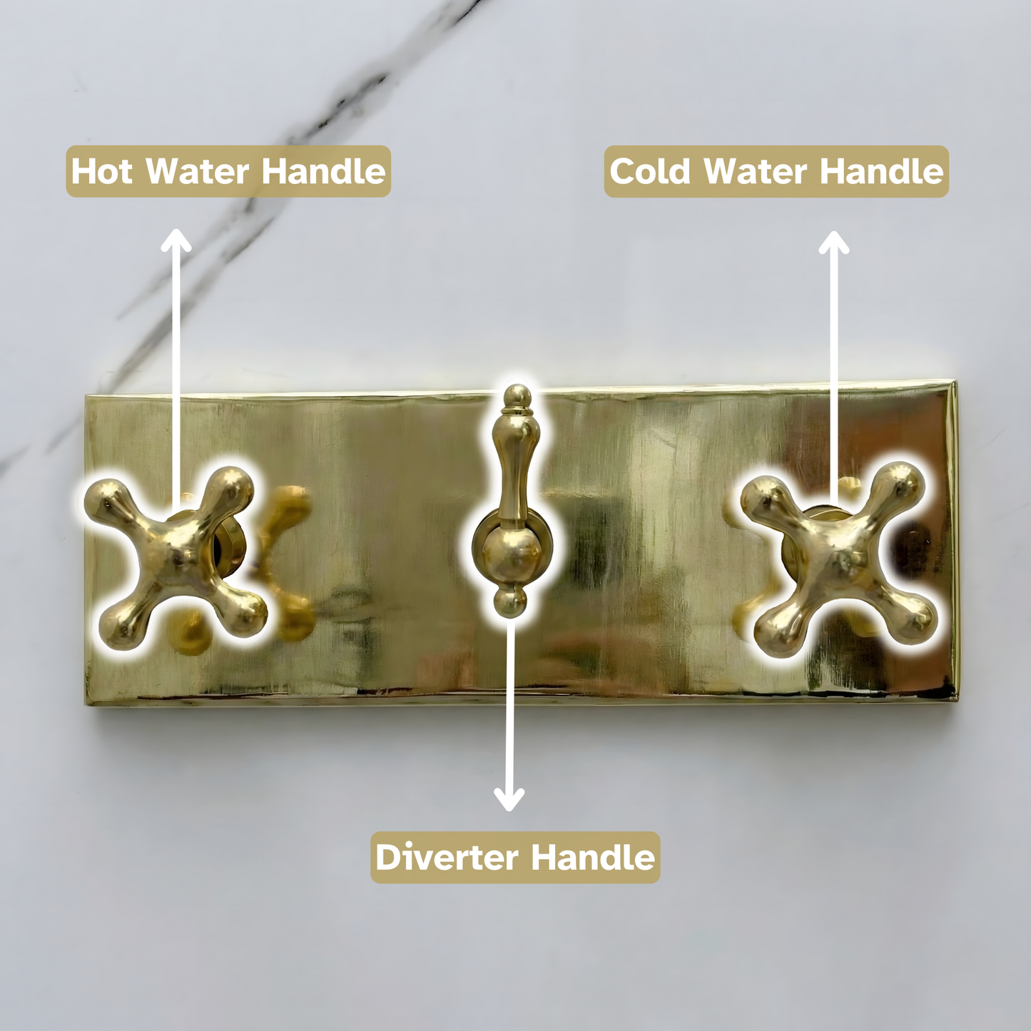 Unlacquered Brass Shower System with Adjustable Flat Round Rain Shower Head, Handheld Shower Head ,Central Brass Plaque, Tub Filler and Cross Handles
