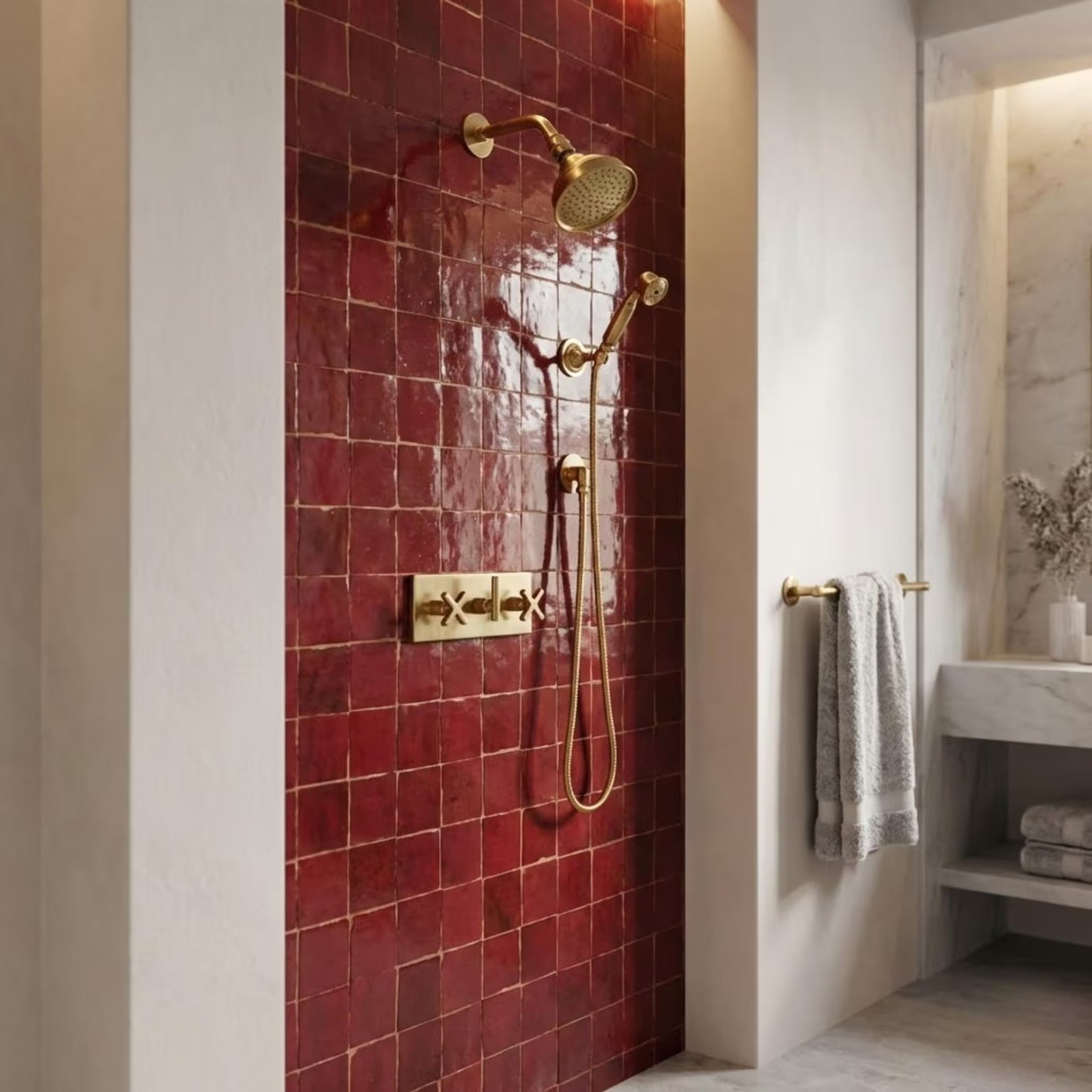 Unlacquered Brass Shower System with Round Rain Adjustable Shower Head, Handheld Shower Head, Central Brass Plaque and Cross Handles