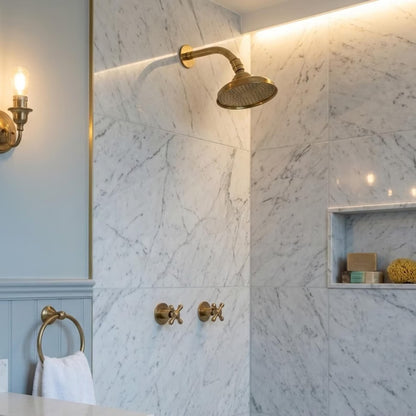 Unlacquered Brass Shower System with Round Rain Adjustable Shower Head, Short Arm and Cross Handles