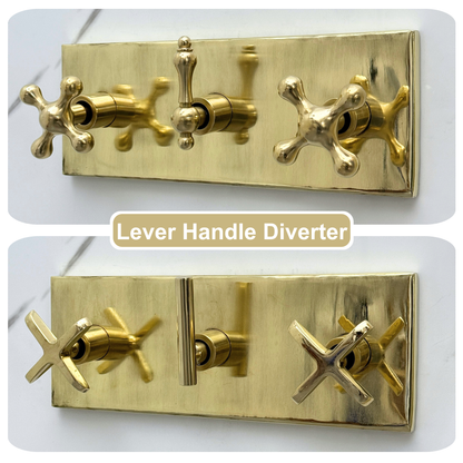 Unlacquered Brass Shower System with Round Rain Adjustable Shower Head, Handheld Shower Head, Central Brass Plaque and Cross Handles