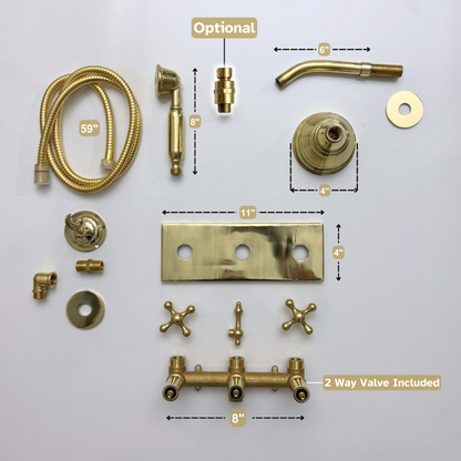 Unlacquered Brass Shower System with Round Rain Adjustable Shower Head, Handheld Shower Head, Central Brass Plaque and Cross Handles