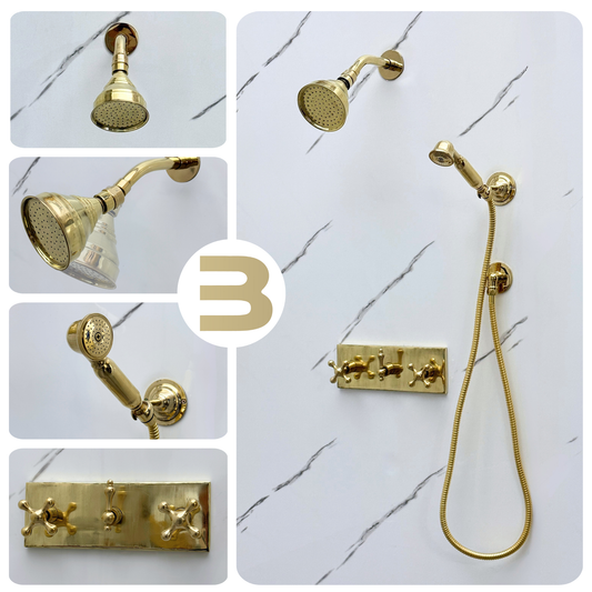 Unlacquered Brass Shower System with Round Rain Adjustable Shower Head, Handheld Shower Head, Central Brass Plaque and Cross Handles