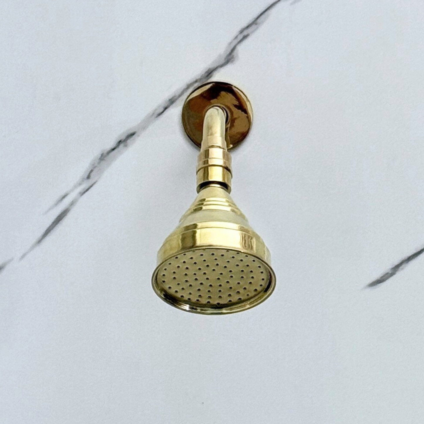 Unlacquered Brass Shower System with Round Rain Adjustable Shower Head, Handheld Shower Head, Central Brass Plaque and Cross Handles