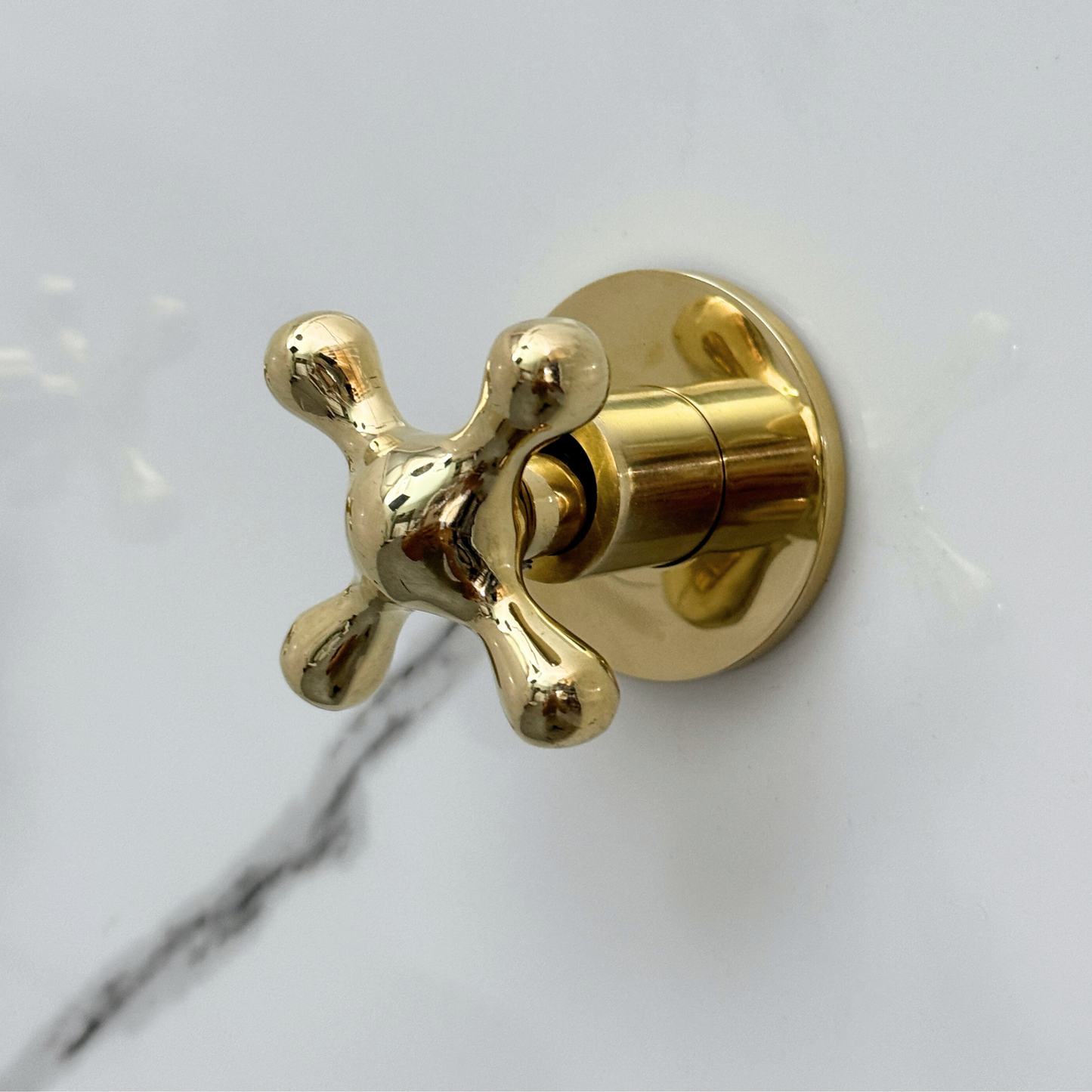 Unlacquered Brass Shower System with Adjustable Flat Round Rain Shower Head, Arcuate Arm and Cross Handles