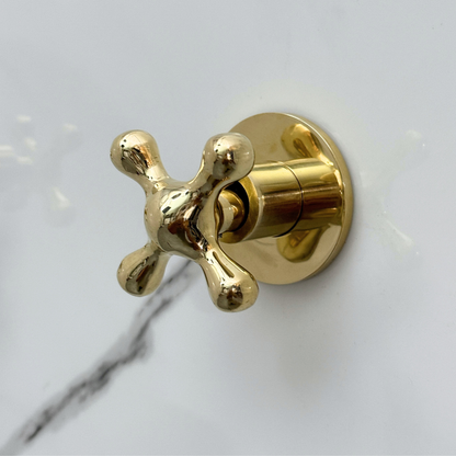 Unlacquered Brass Shower System with Adjustable Flat Round Rain Shower Head, Arcuate Arm and Cross Handles
