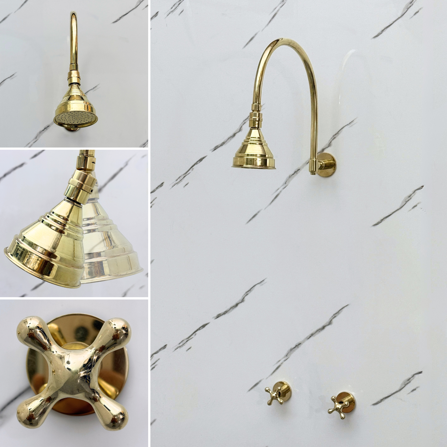 Unlacquered Brass Shower System with Adjustable Round Rain Shower Head, Arcuate Arm and Cross Handles