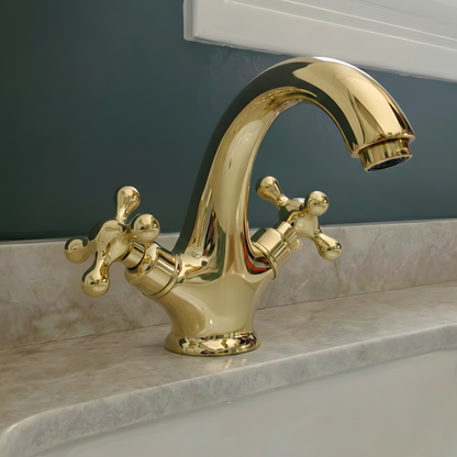 Unlacquered Brass Single Hole Bathroom Faucet with Cross Handles