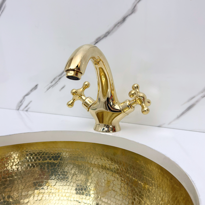 Unlacquered Brass Single Hole Bathroom Faucet with Cross Handles