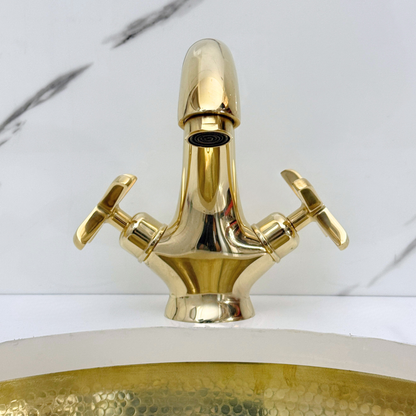 Unlacquered Brass Single Hole Bathroom Faucet with Cross Handles