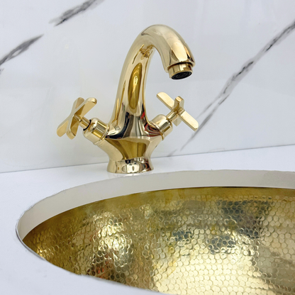 Unlacquered Brass Single Hole Bathroom Faucet with Cross Handles