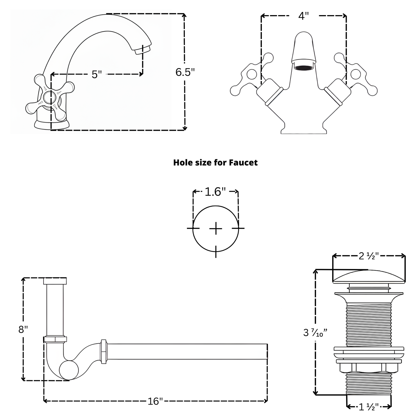 Unlacquered Brass Single Hole Bathroom Faucet with Cross Handles, Push-Up Drain & P-trap