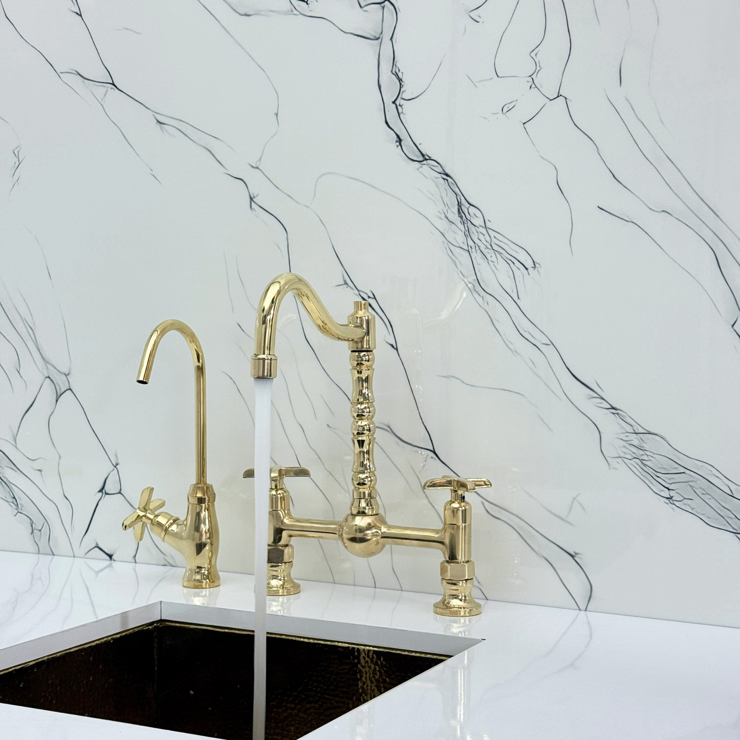 Unlacquered Brass Victorian Bridge Faucet with Ball Center, Sprayer, Cold Water Faucet, and Cross Handles