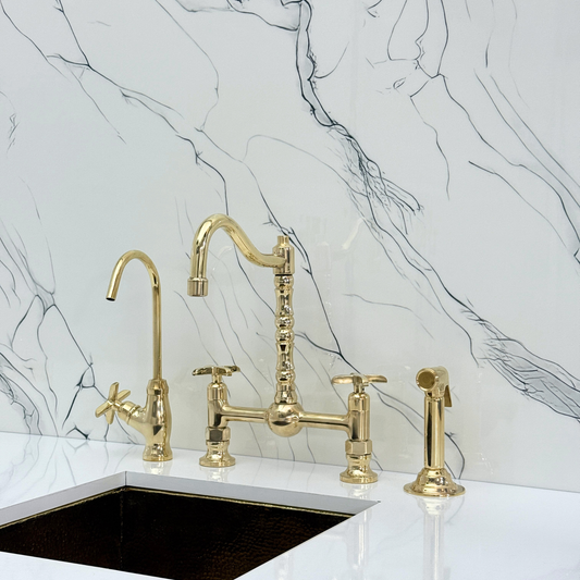 Unlacquered Brass Victorian Bridge Faucet with Ball Center, Sprayer, Cold Water Faucet, and Cross Handles