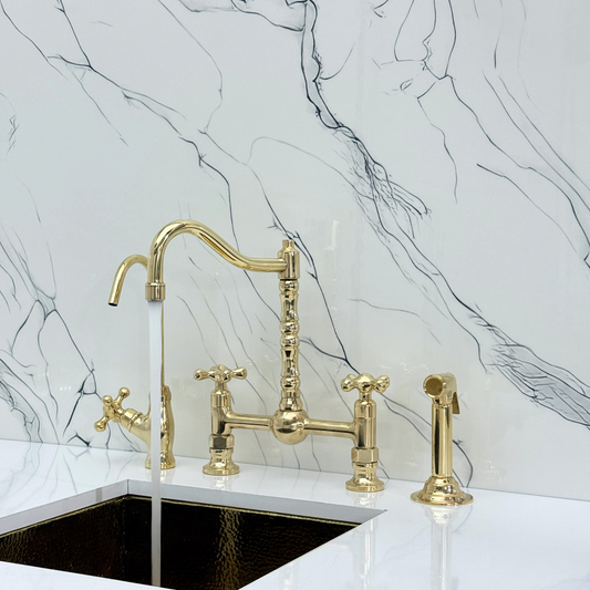 Unlacquered Brass Victorian Bridge Faucet with Ball Center, Sprayer, Cold Water Faucet, and Cross Handles