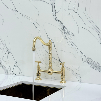 Unlacquered Brass Victorian Bridge Faucet with Ball Center, Sprayer, Cold Water Faucet, and Lever Handles