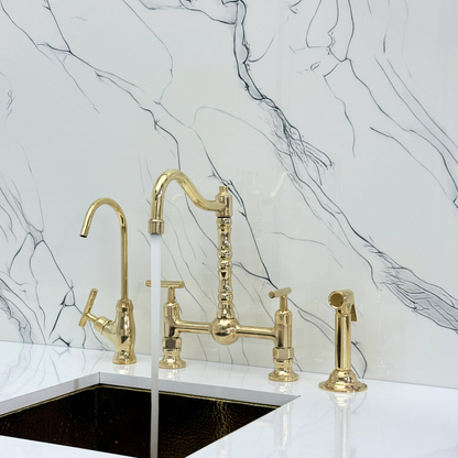 Unlacquered Brass Victorian Bridge Faucet with Ball Center, Sprayer, Cold Water Faucet, and Lever Handles