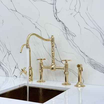 Unlacquered Brass Victorian Bridge Faucet with Sprayer, Cold Water Faucet, Straight Legs and Cross Handles