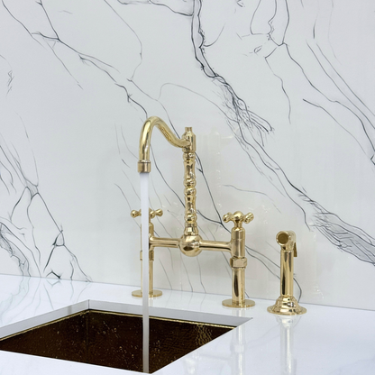 Unlacquered Brass Victorian Bridge Faucet with Sprayer, Cold Water Faucet, Straight Legs and Cross Handles