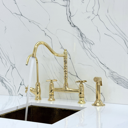 Unlacquered Brass Victorian Bridge Faucet with Cold Water Faucet, Sprayer and Cross Handles