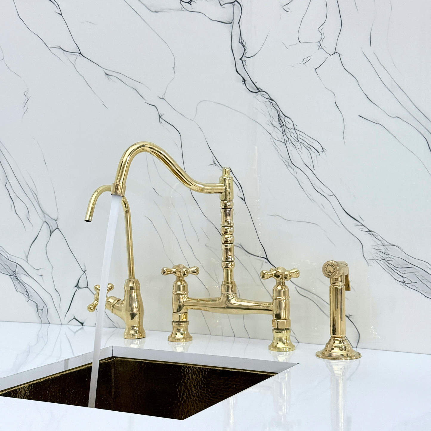 Unlacquered Brass Victorian Bridge Faucet with Cold Water Faucet, Sprayer and Cross Handles