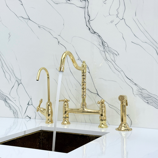 Unlacquered Brass Victorian Bridge Faucet with Cold Water Faucet, Sprayer and Lever Handles