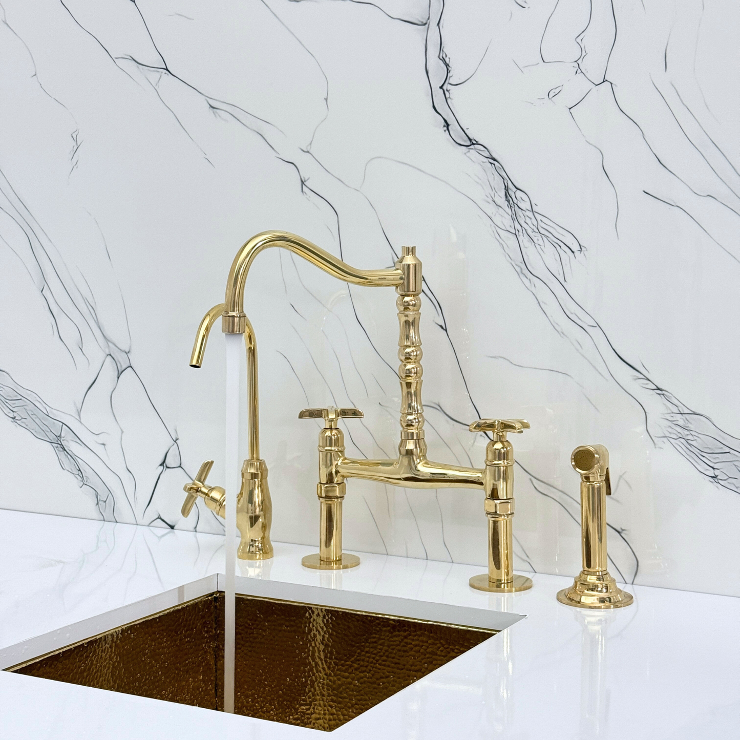 Unlacquered Brass Victorian Bridge Faucet with Sprayer, Cold Water Faucet and Cross Handles
