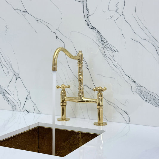 Unlacquered Brass Victorian Bridge Faucet with Sprayer, Cold Water Faucet and Cross Handles