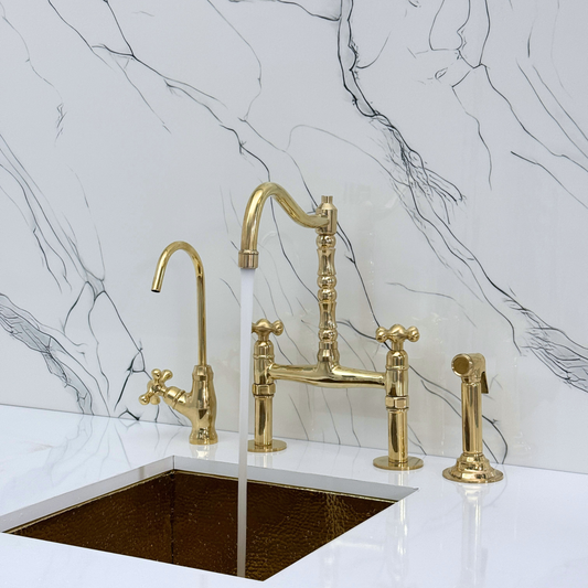 Unlacquered Brass Victorian Bridge Faucet with Sprayer, Cold Water Faucet and Cross Handles