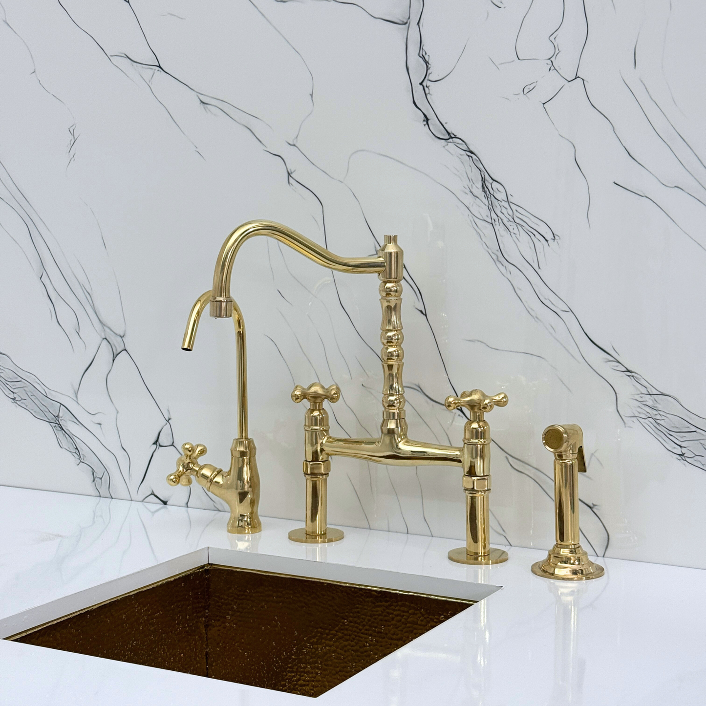 Unlacquered Brass Victorian Bridge Faucet with Sprayer, Cold Water Faucet and Cross Handles